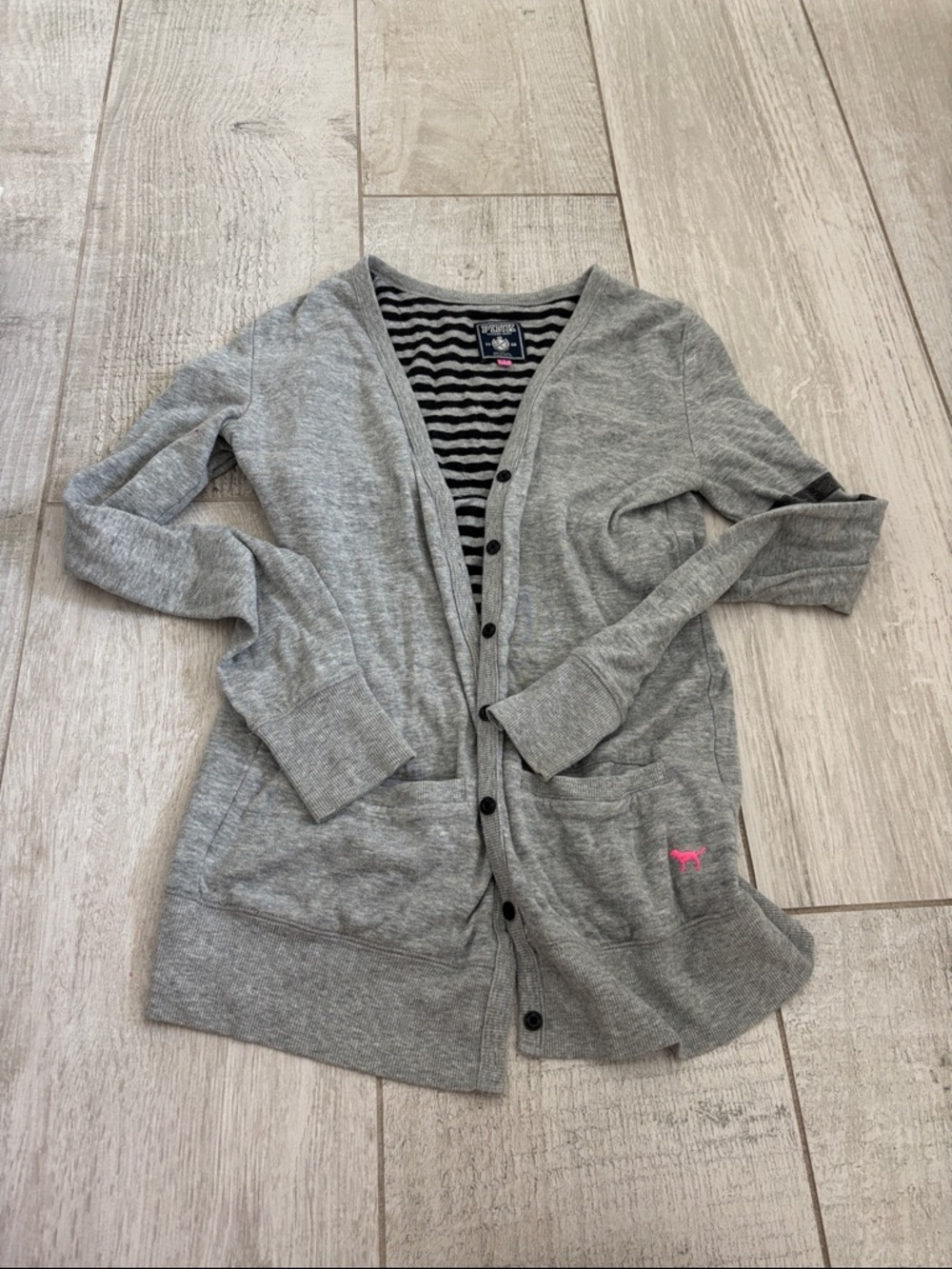 PINK Victoria’s Secret   Grey Button-Front Cardigan with Pink Logo Accent